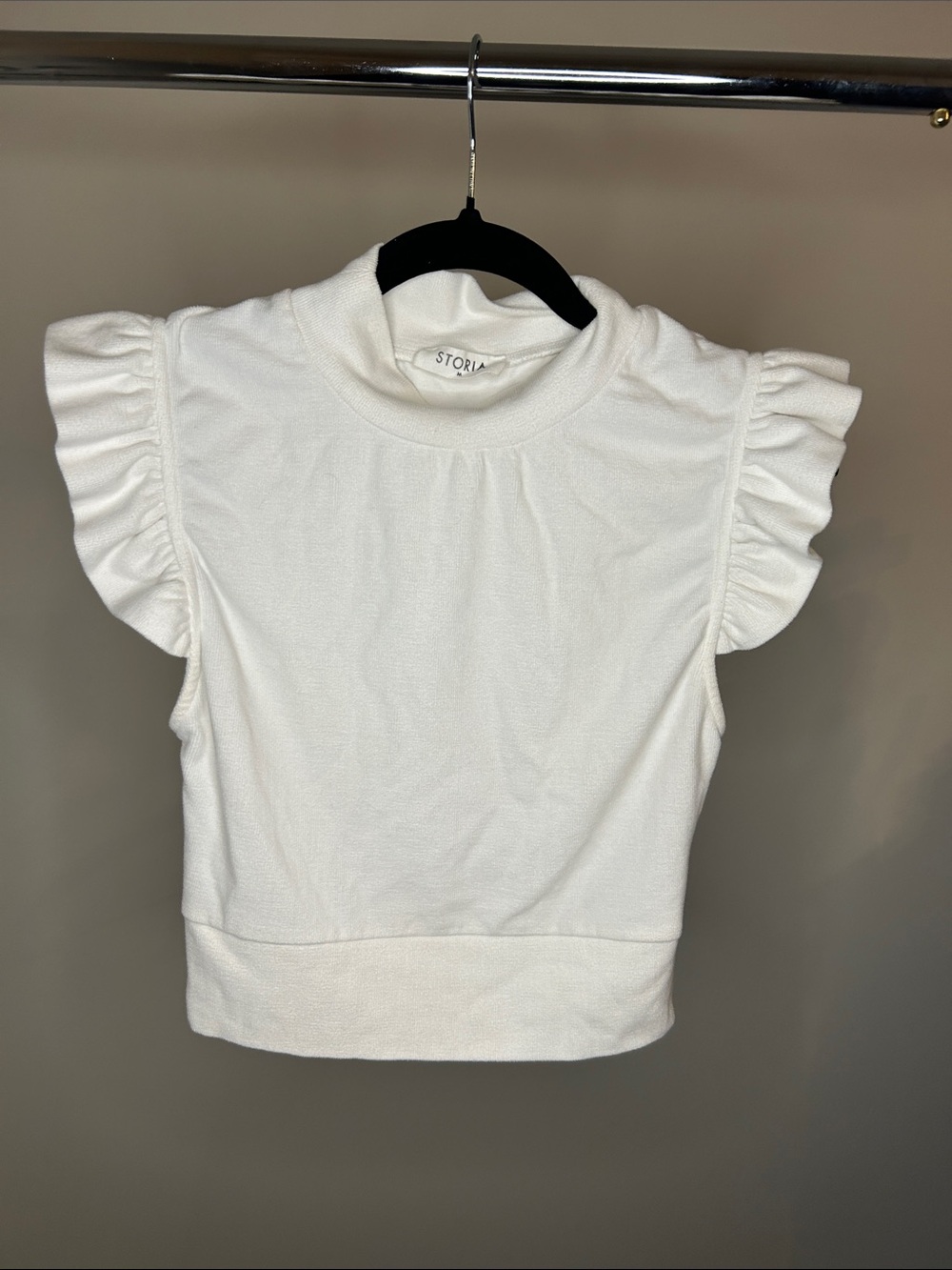 Storia Ivory Ruffle Sleeve Mock Neck Crop Top
